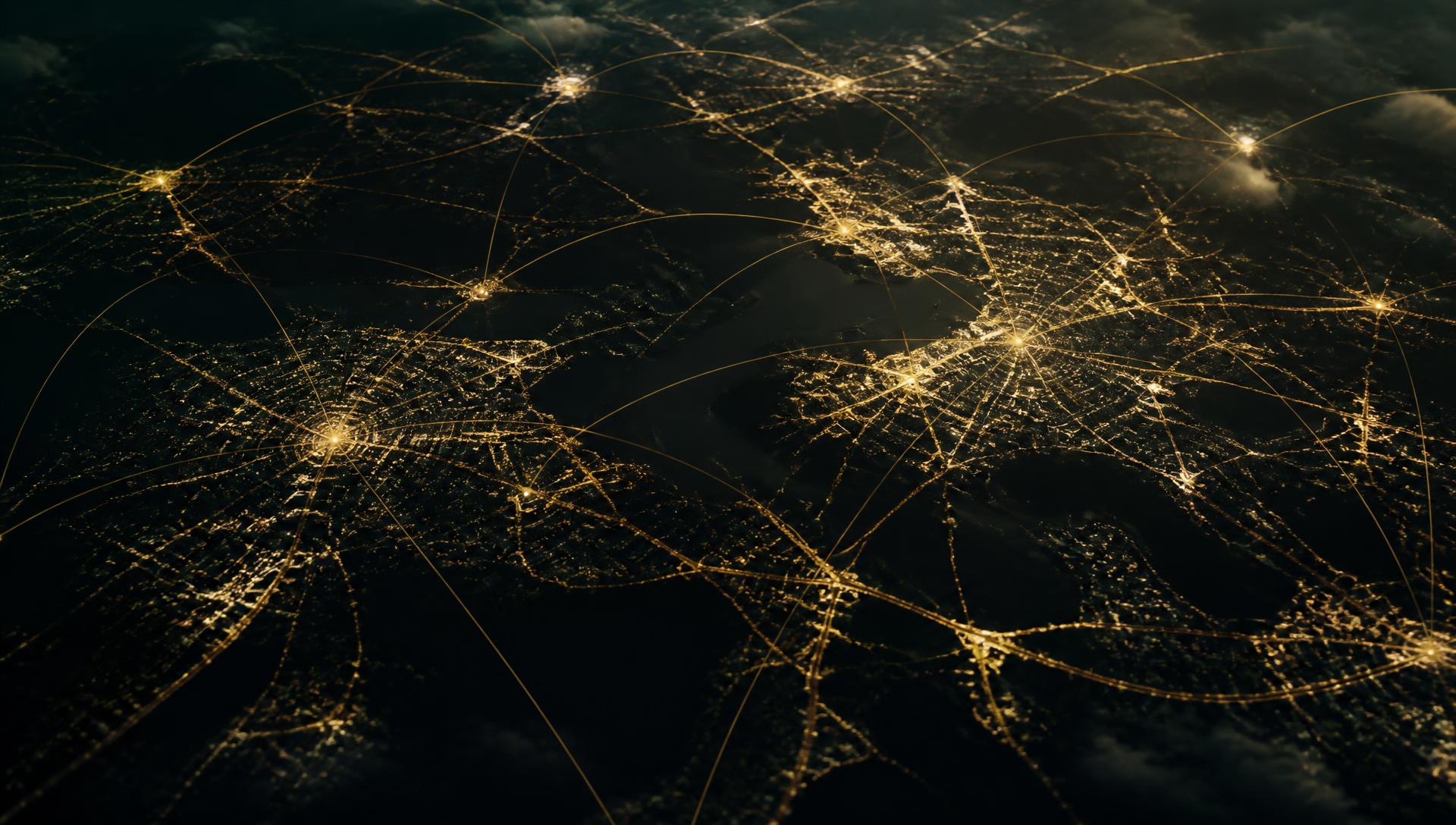 A global network of city lights connected by trade routes